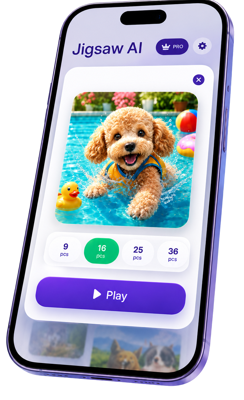Jigsaw AI phone showing a generated puppy puzzle and play controls